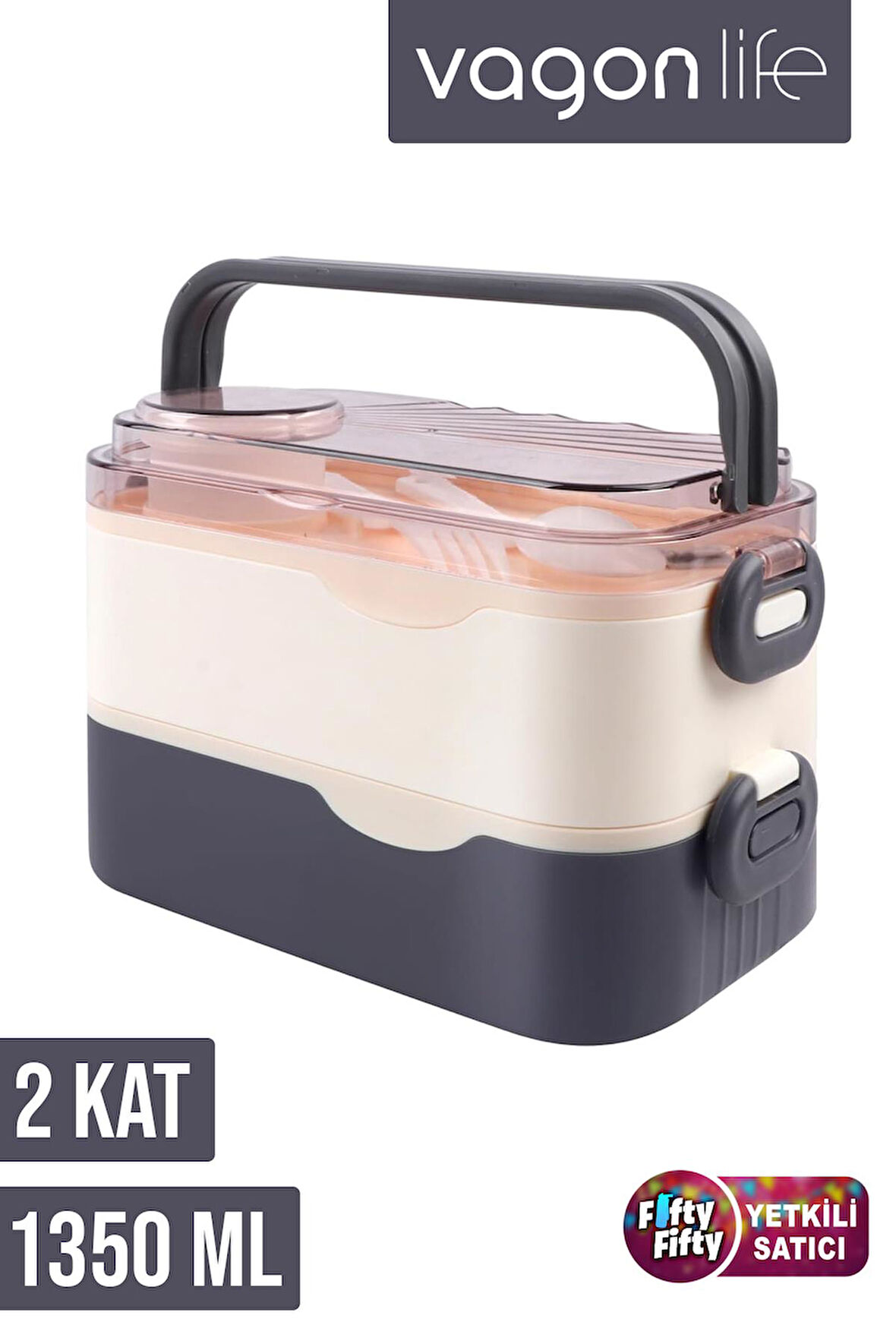 Vagonlife 1350 ML İki Kat Üç Bölme Paslanmaz Çelik Lunch Box Yeni Nesil Sefer Tası-Sos Kaseli Model-FFLBOX10110-2S