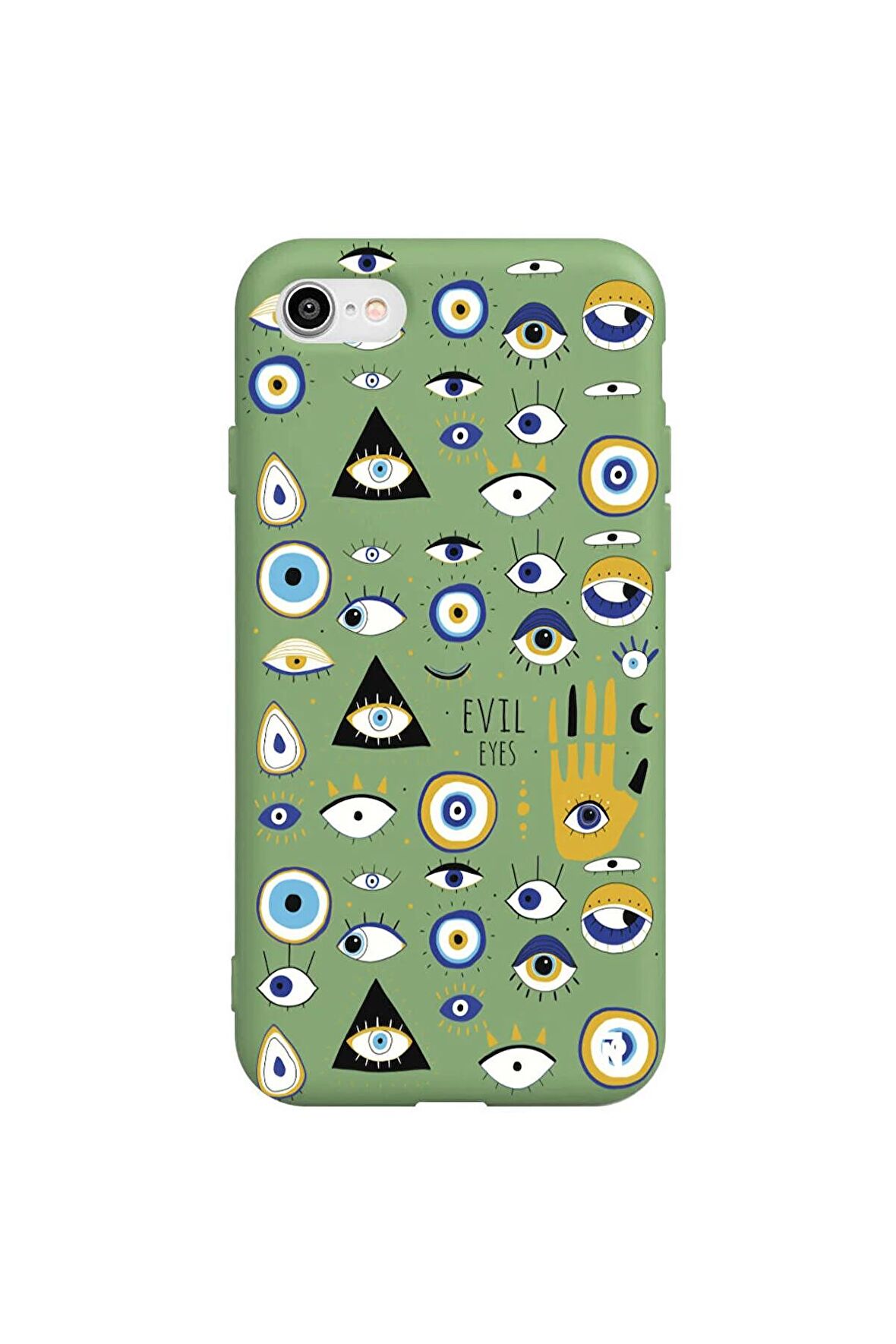 iPhone SE 2020-7-8 Silikon Özel Tasarım Nazar Evil Eyes Üçgen Gözler Yeşil Renkli Telefon Kılıfı