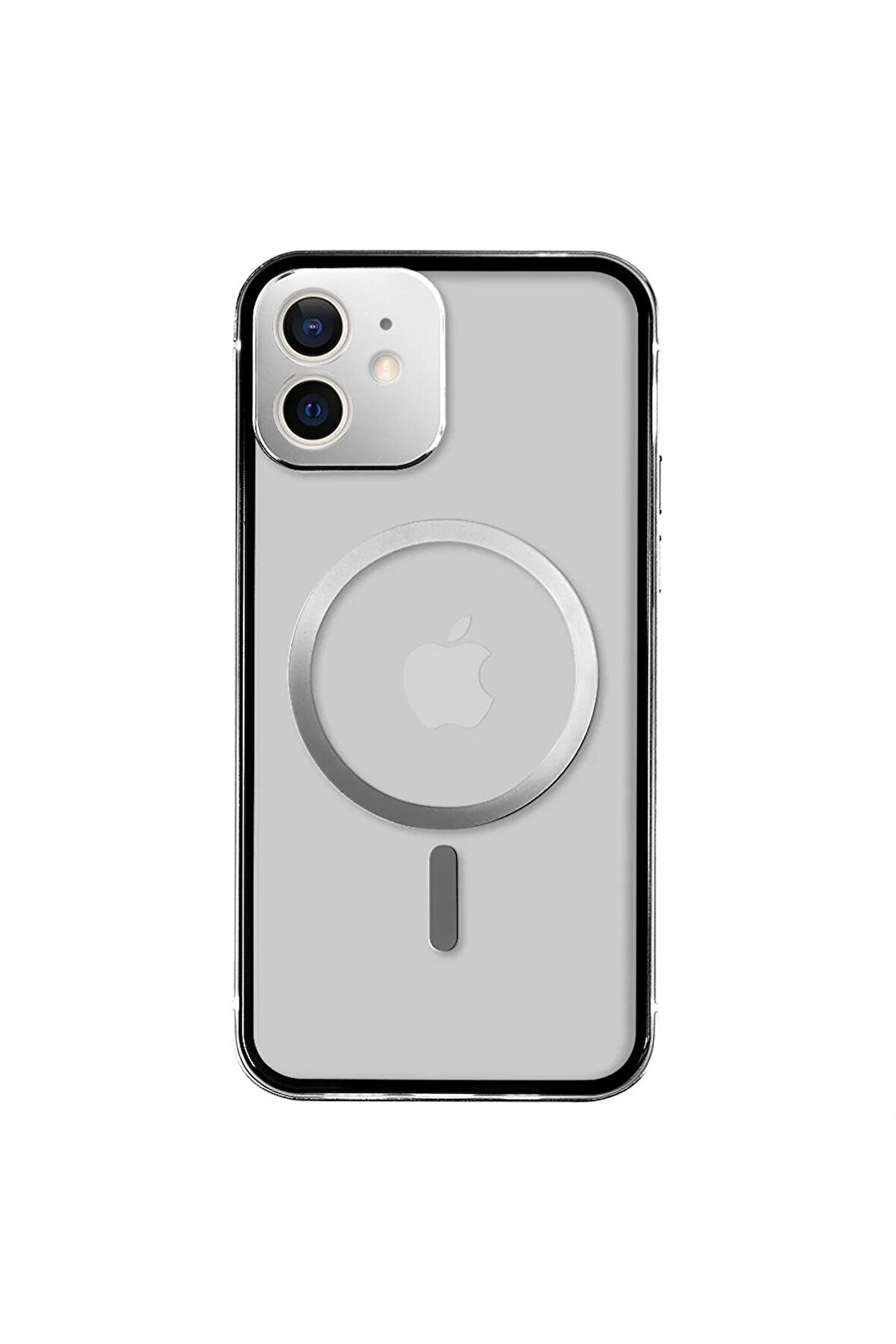 iPhone 12 Magsafe Kablosuz Şarj Özellikli Kamera Korumalı Şeffaf Silver Gümüş Renkli Kılıf