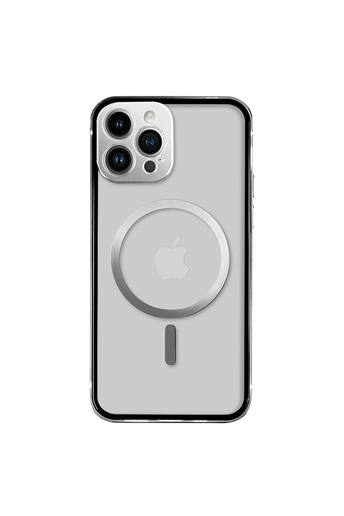 iPhone 12 Pro Magsafe Kablosuz Şarj Özellikli Kamera Korumalı Şeffaf Silver Gümüş Renkli Kılıf