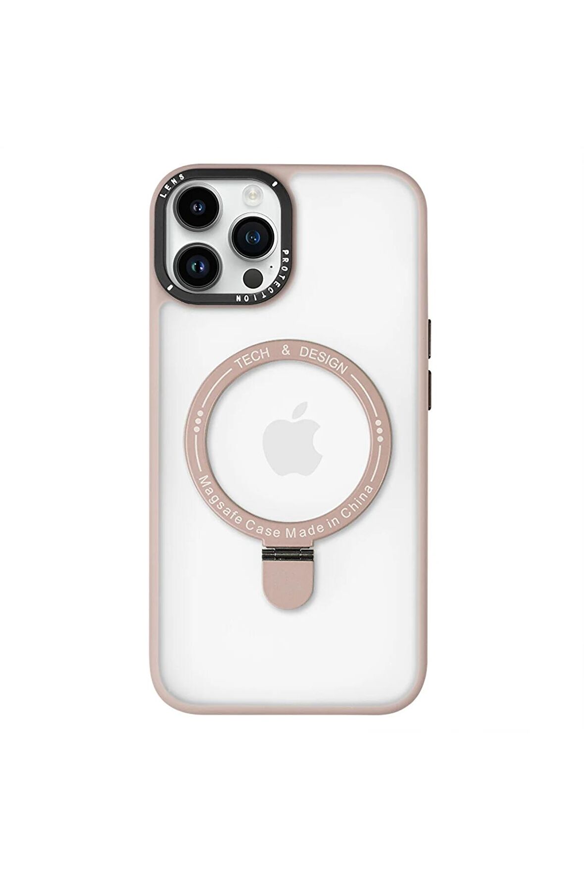 iPhone 14 Pro Magsafe Kablosuz Şarj Standlı Kamera Korumalı Pembe Çerçeveli Renkli Kılıf