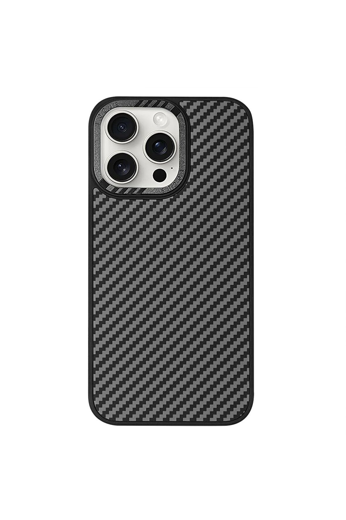 iPhone 13 Pro Max Magsafe Kablosuz Şarj Özellikli Karbonfiber Siyah Renkli Telefon Kılıfı