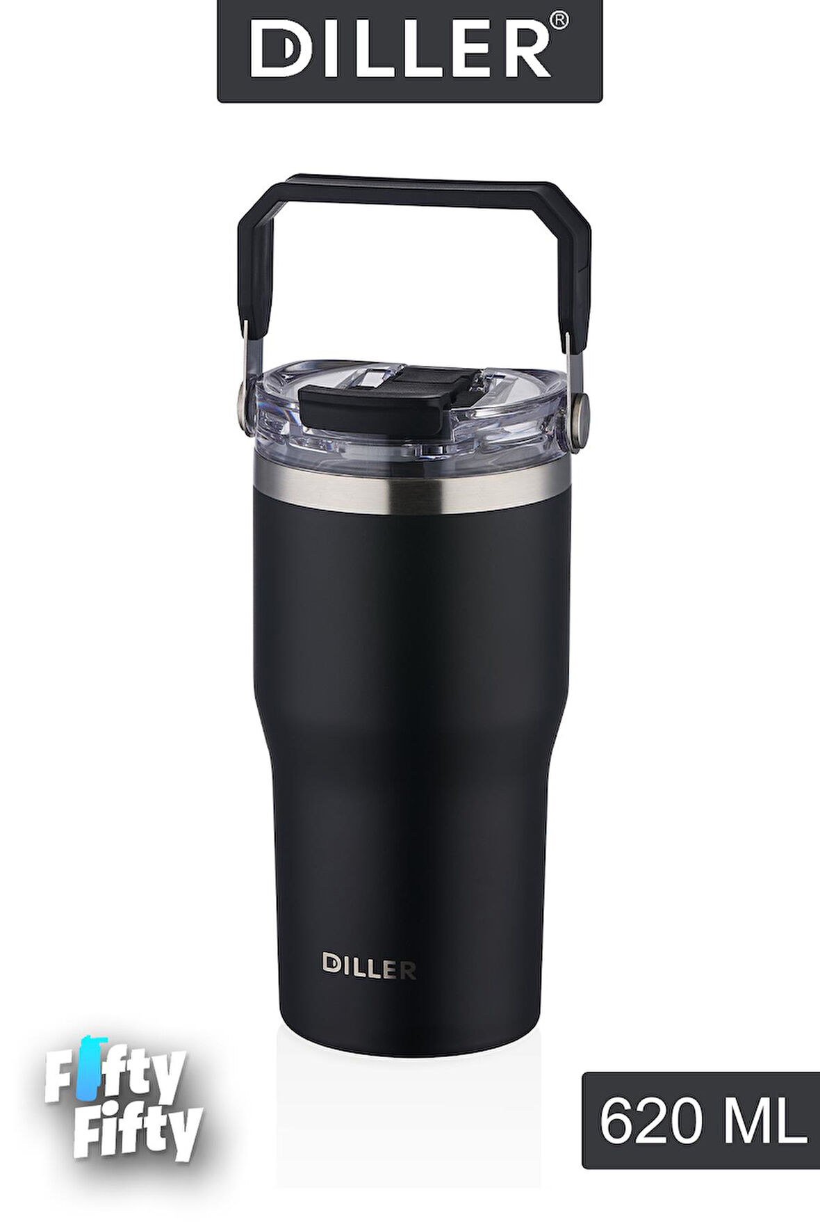 DILLER 620 ML Tek Kapak Çift Kullanım Pipetli/Pipetsiz Taşıma Kulplu Mug/Çelik Termos-FFDILLERD9168