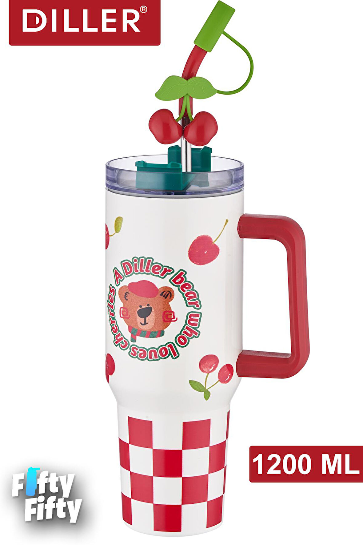 DILLER Quencher Cup 1200 ML Pipetli/Rahat İçim Kulplu Paslanmaz Çelik Termos -FFDILLERD9221