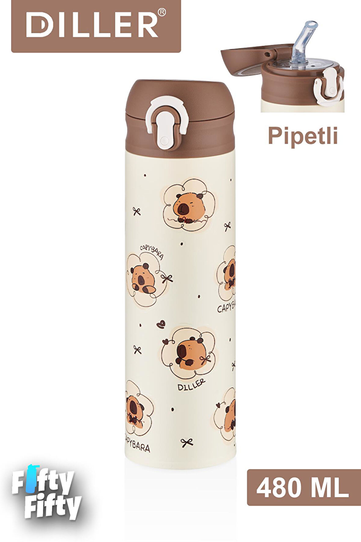 DILLER 480 ML Pipetli Paslanmaz Çelik Termos Kilitli Kapak 2 Farklı Renk Seçeneği -FFDILLERD9281