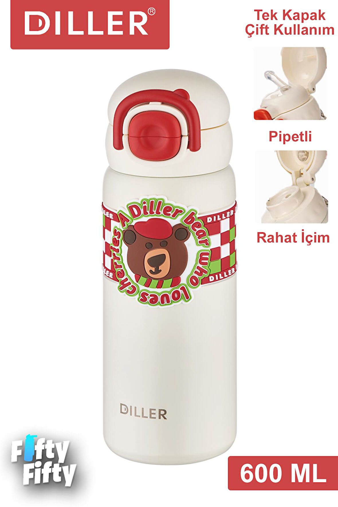 DILLER 600 ML Tek Kapak Çift Kullanım Pipetli/Pipetsiz Taşıma Kulplu Vacum Cup/Çelik Termos -FFDILLERD9238