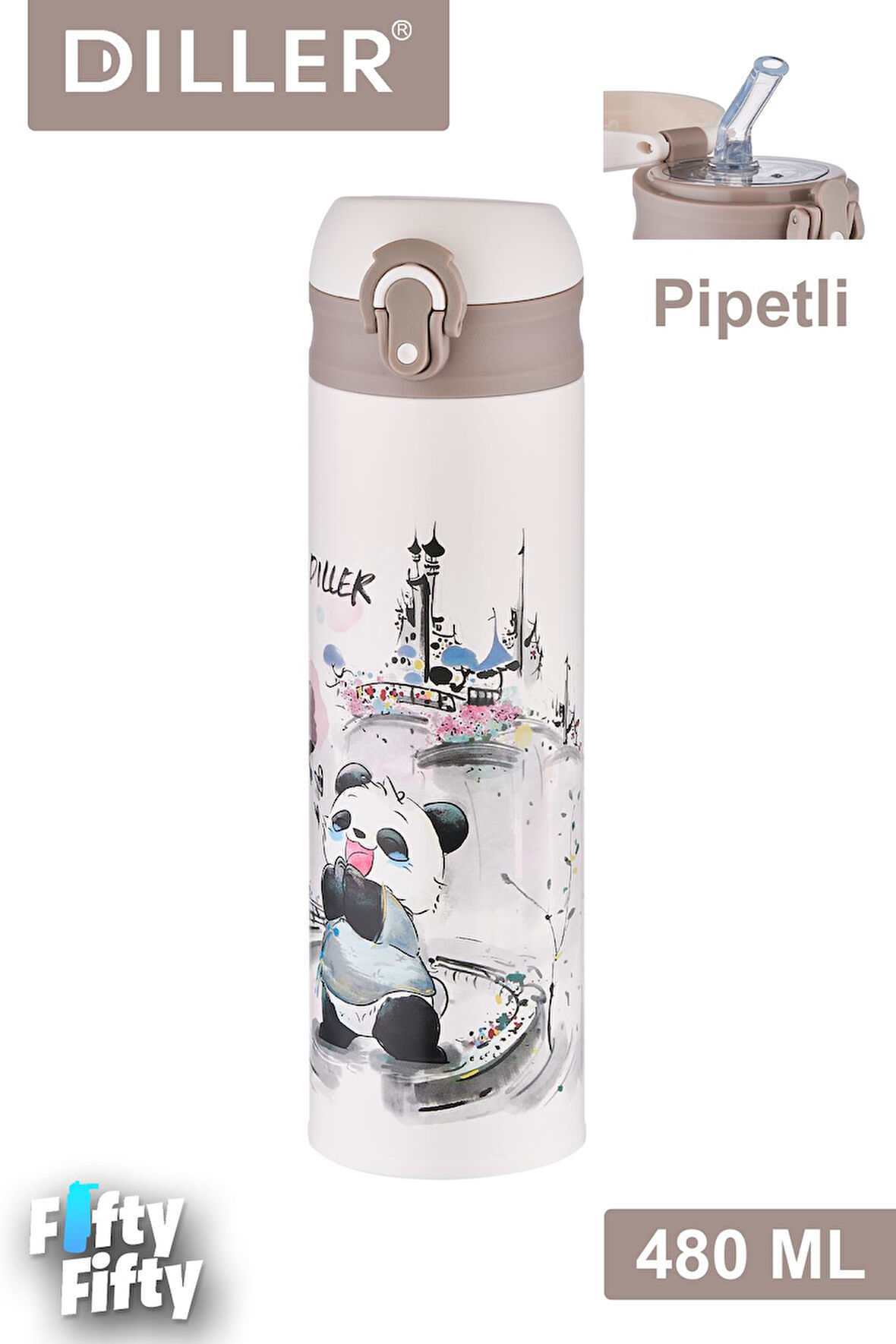 DILLER 480 ML Pipetli Paslanmaz Çelik Termos Vacum Cup Kilitli Kapak  -FFDILLERD9248