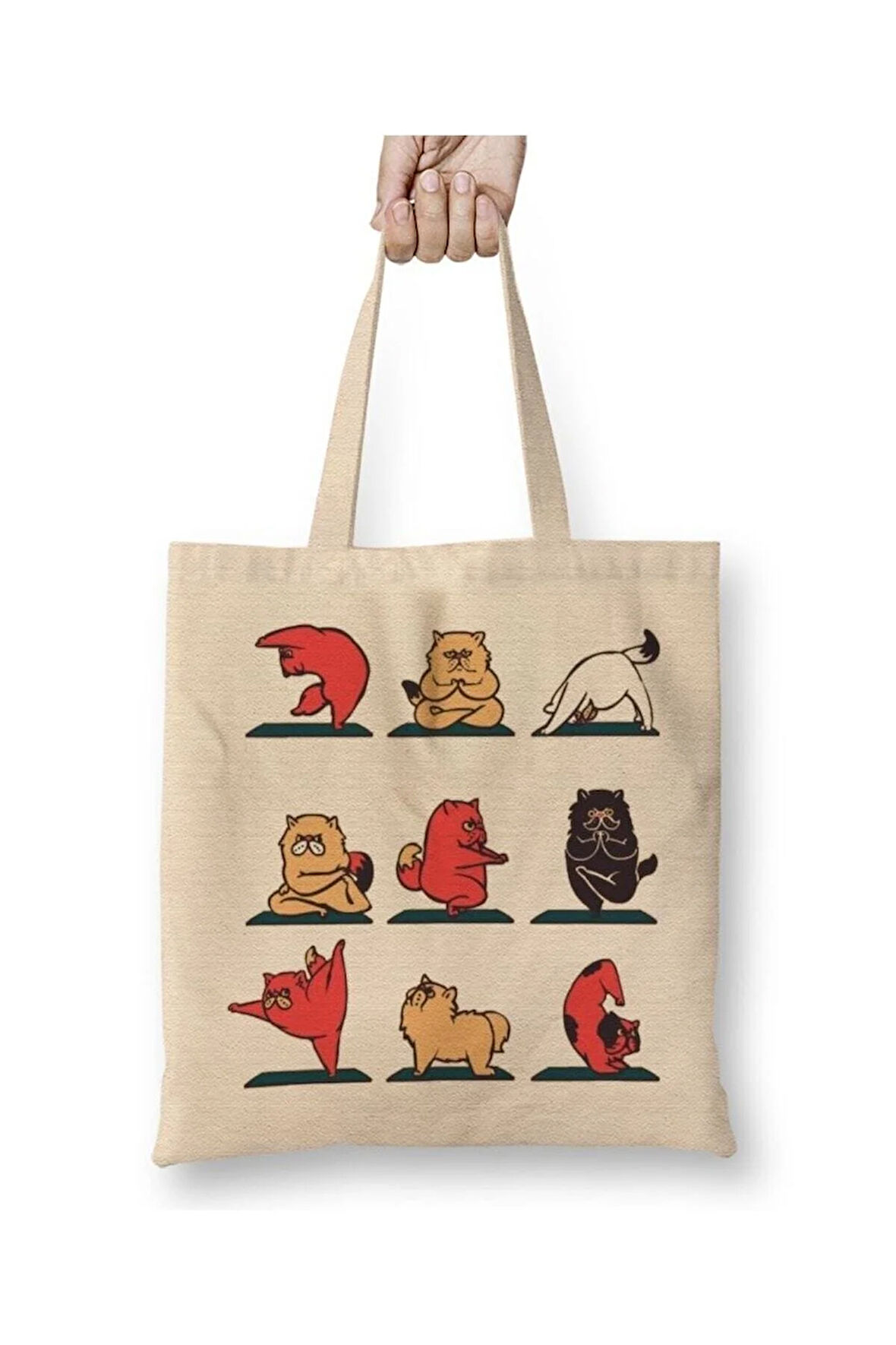 Cat Yoga Köpek Beyaz Bez Çanta Uzun Saplı Alışveriş Çantası