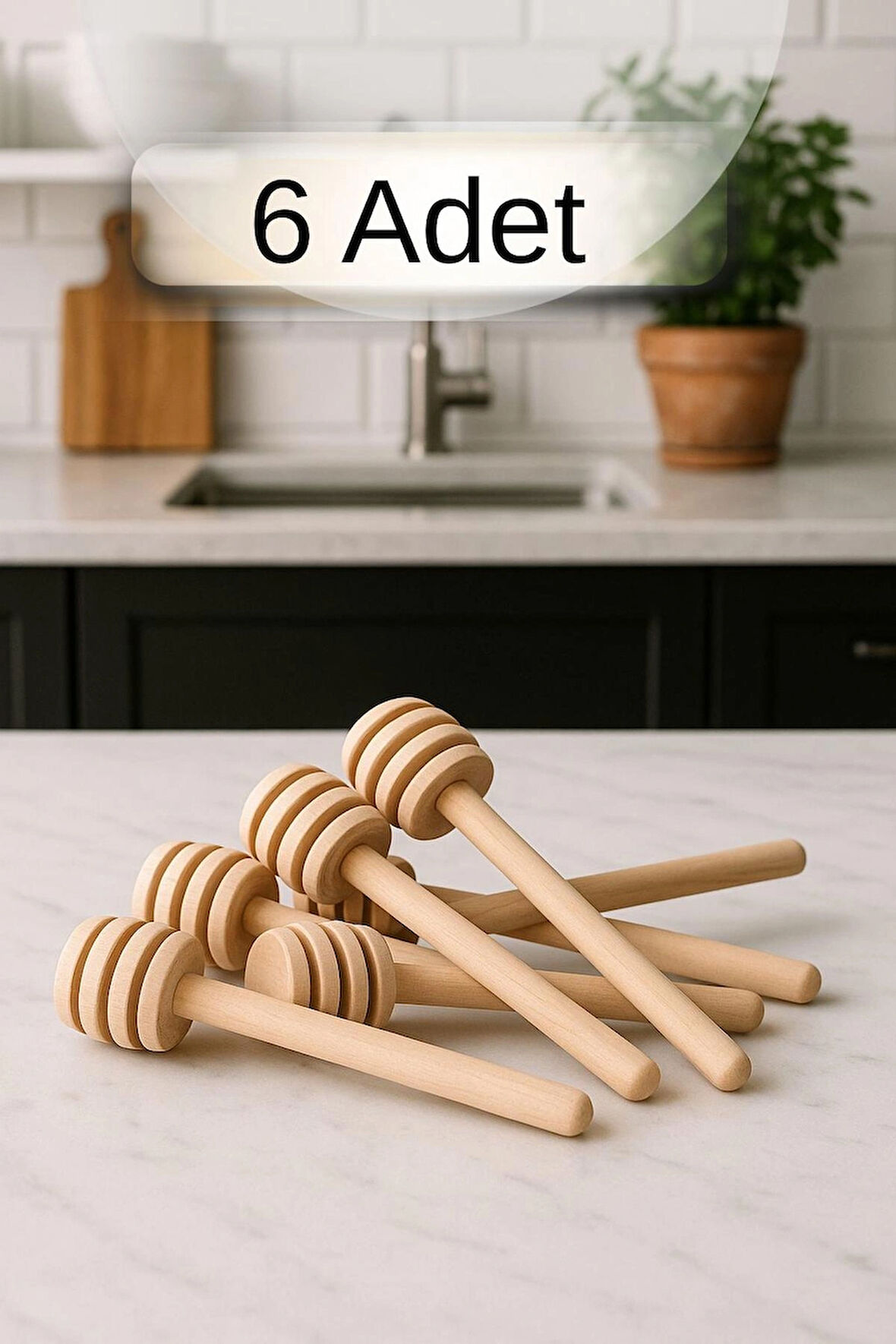 6 Adet Ahşap Bal Kaşığı Seti Bal Damlalığı Bal Servis Kaşığı 8 cm
