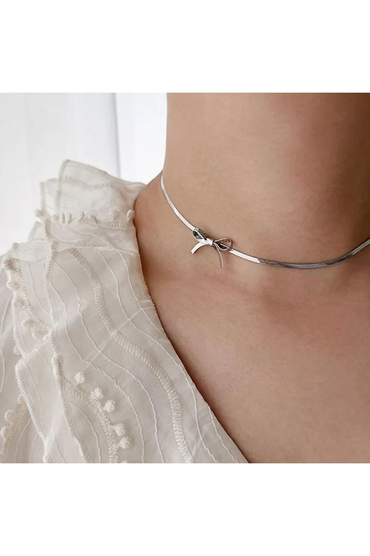 Kadın Paslanmaz Çelik Kurdele Fiyonk Model Choker Kolye Aksesuar Şık Kadın Takı Hediyelik