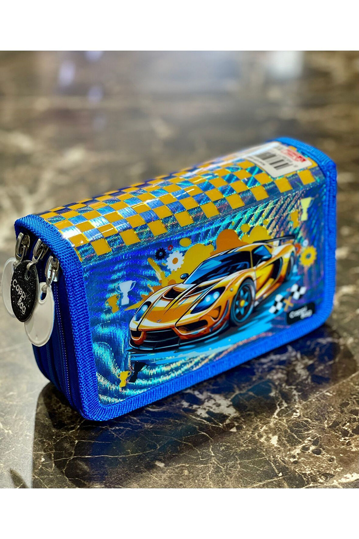 Cappi Bag Mavi Sarı Arabalı Desenli 3 Fermuarlı Bölmeli Erkek Çocuk Okul Kalem Kutusu 19x11x6cm
