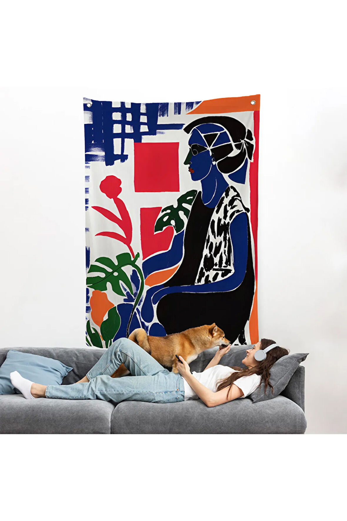 Yeşil Yapraklı Monstera ve Kadın Duvar Örtüsü-7989