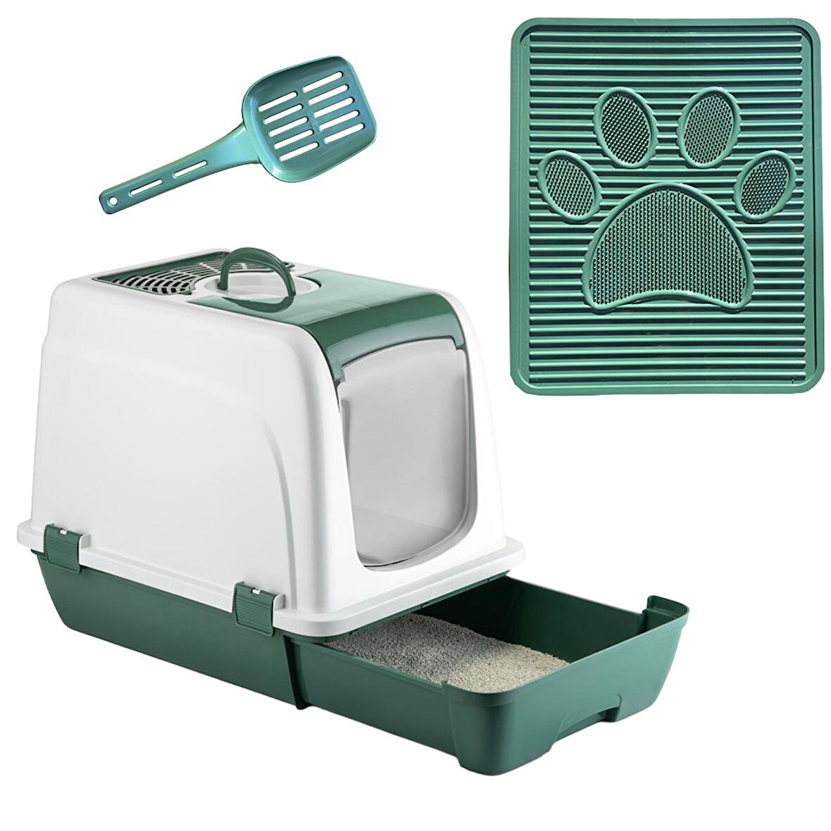 Orta Boy Çekmeceli Kapalı Kedi Tuvaleti Paspas ve Kürek Hediyeli