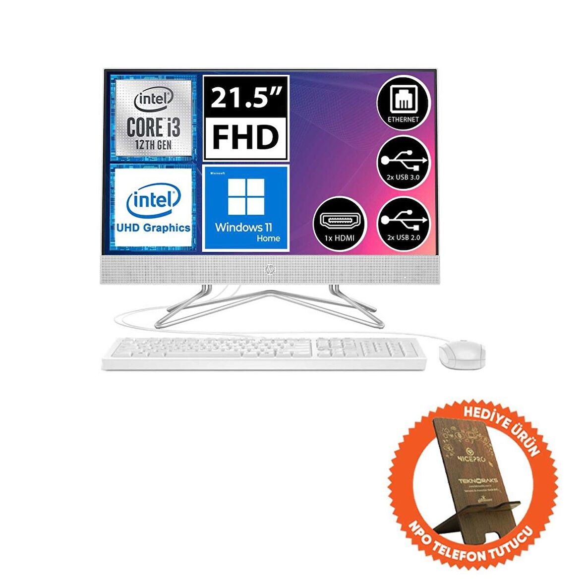 HP G4 5W7P0ES10 Intel Core i3-1215U 16 GB Ram 512 GB SSD UHD Graphics 21.5" Full HD All in One PC