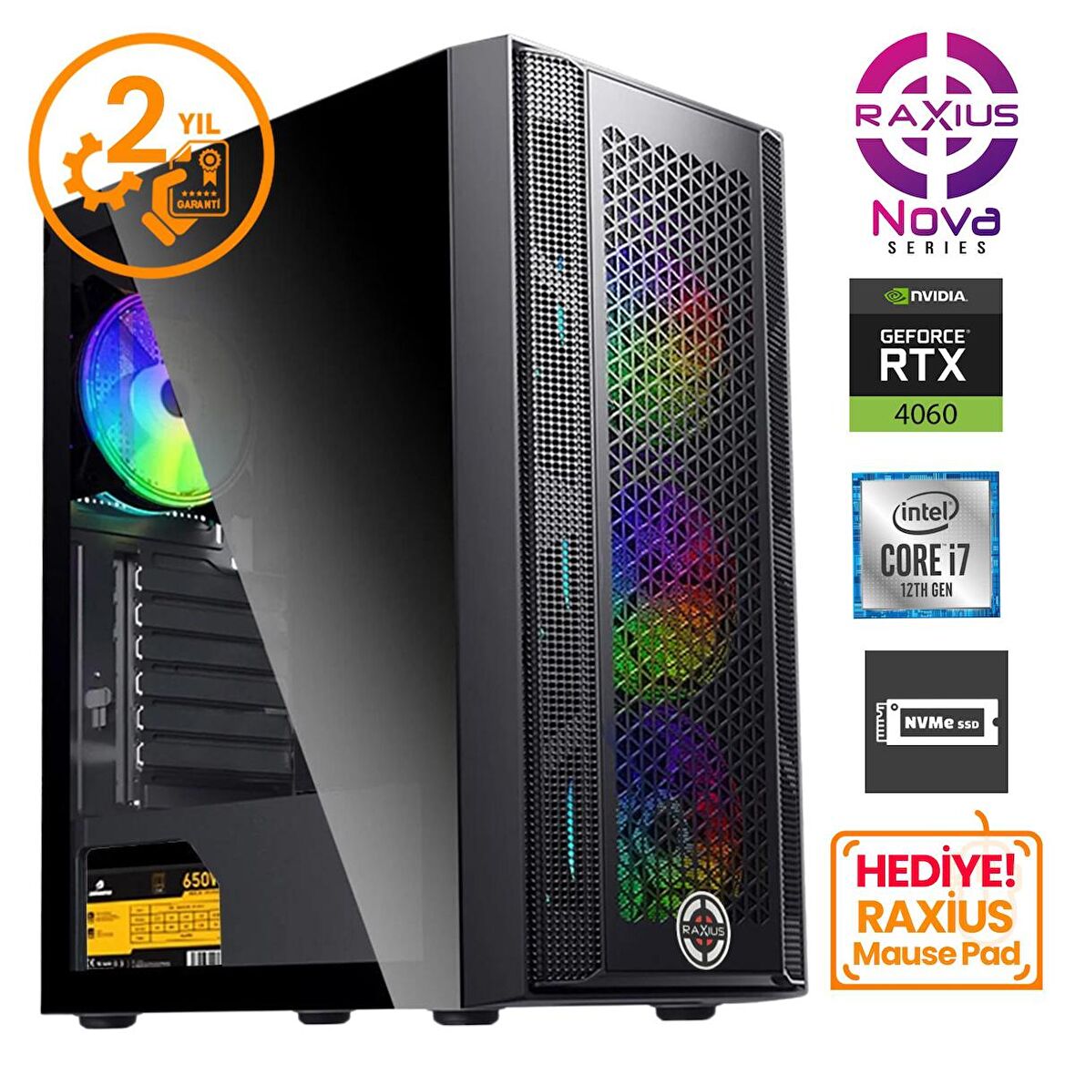RaXius Nova G1 i7 4060-27FF10 i7-12700F 64GB 1TBSSD+1TBSSD RTX4060 FreeDOS Gaming Masaüstü Bilgisayar