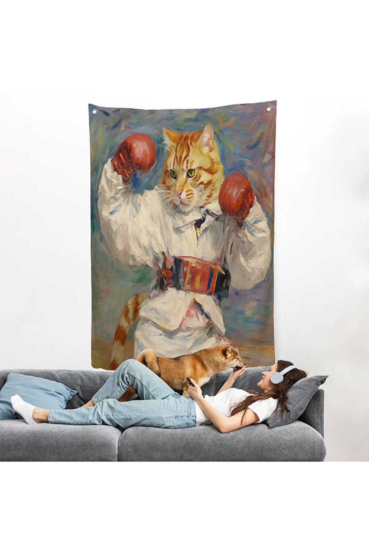 Boks Eldivenli Sevimli Kedi Duvar Örtüsü-7997