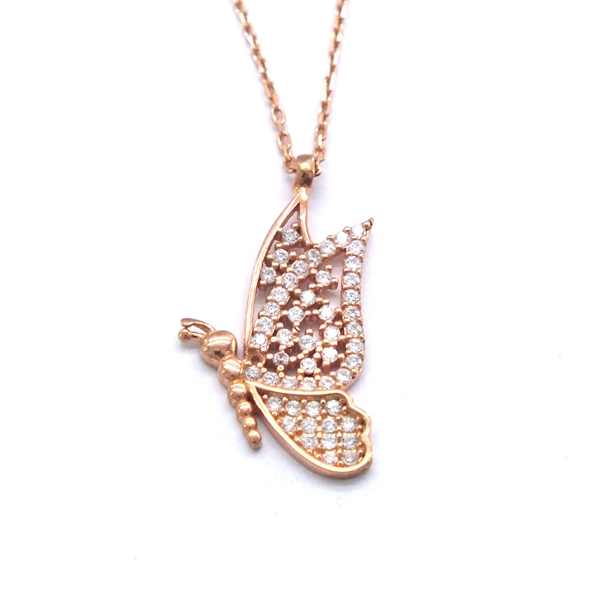 Zirkon Taşlı Kelebek Rose Gümüş Kolye GK-242