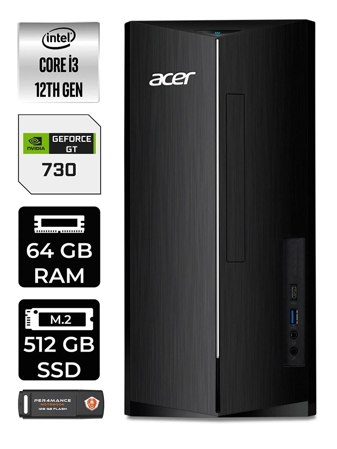 Lenovo NEO 50T i3 12100 64GB RAM 512GB SSD RX550/4GB FDOS 11SC001ATX MASAÜSTÜ PC & PER4 BELLEK