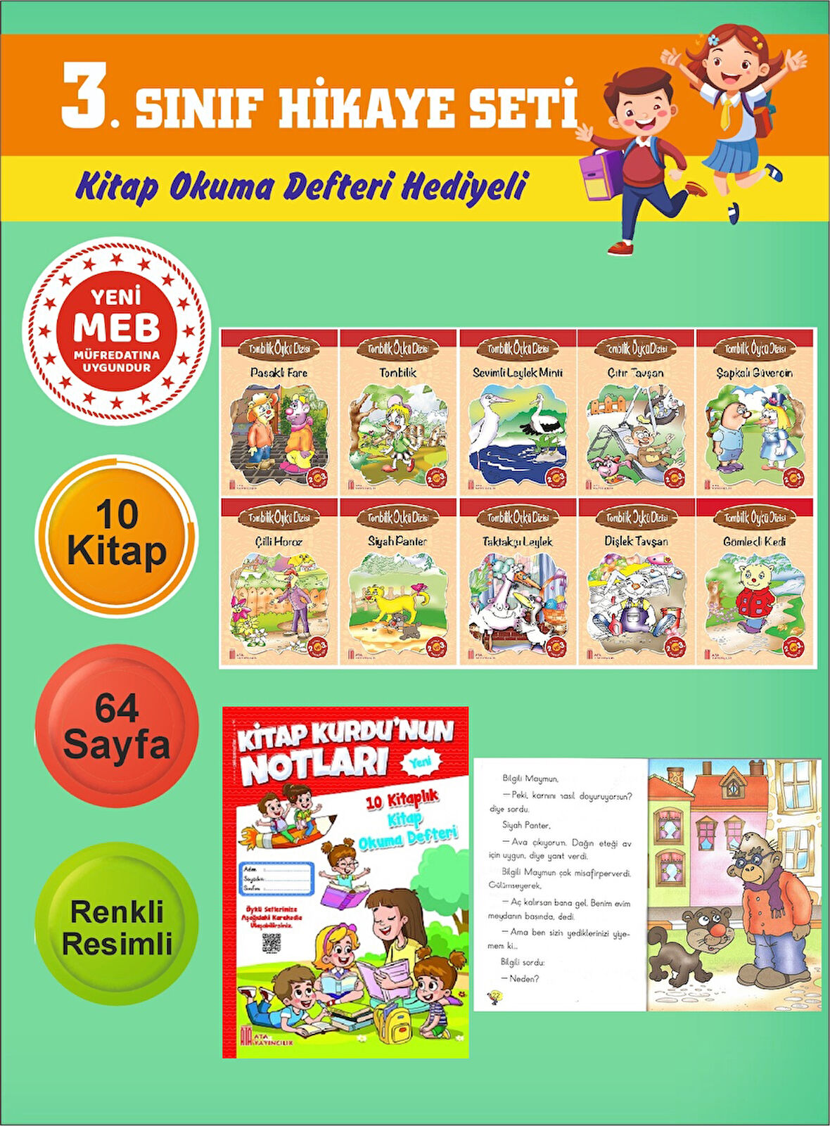 3.Sınıflar İçin Okumayı Sevdiren 10 lu Hikaye Seti 14 (Kitap Okuma Defteri Hediyeli)