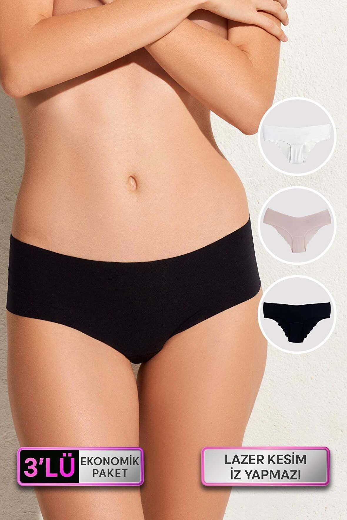 3'lü Ekonomik Paket Siyah-Beyaz-Ten 2900 Lazer Kesim İz Yapmayan Micro Hipster Külot (Pamuklu Ağ)