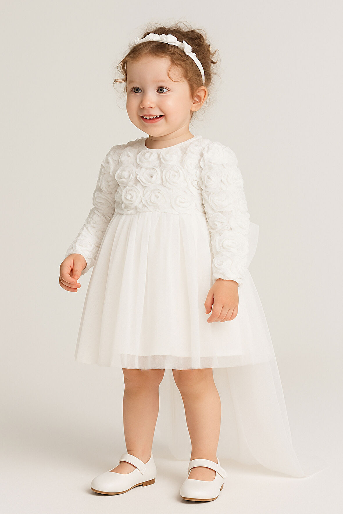 Kız Bebek Beyaz Elbise Uzun Kollu Fiyonklu Doğum Günü Parti Düğün Özel Gün Tüllü Astarlı Prenses 