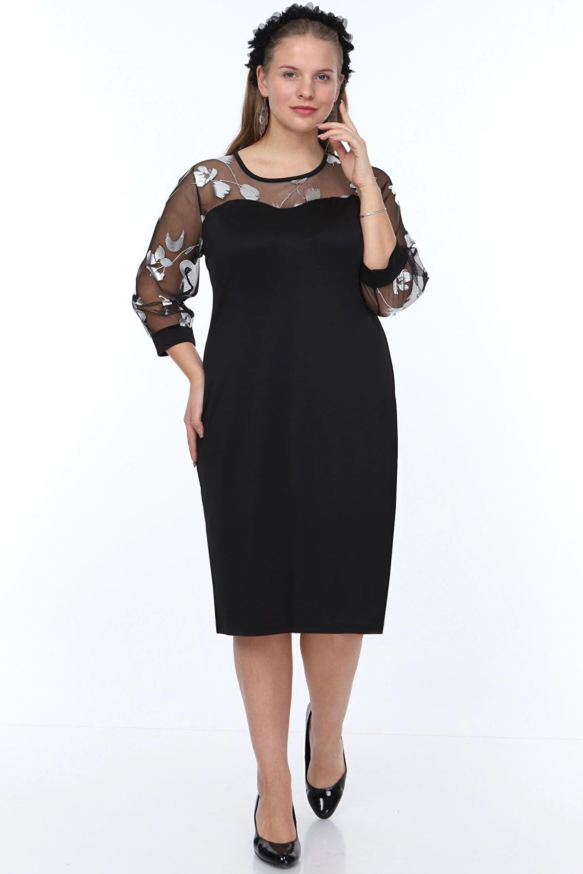 Gümüş Çiçek Kol Büyük Beden Elbise 7D-0899