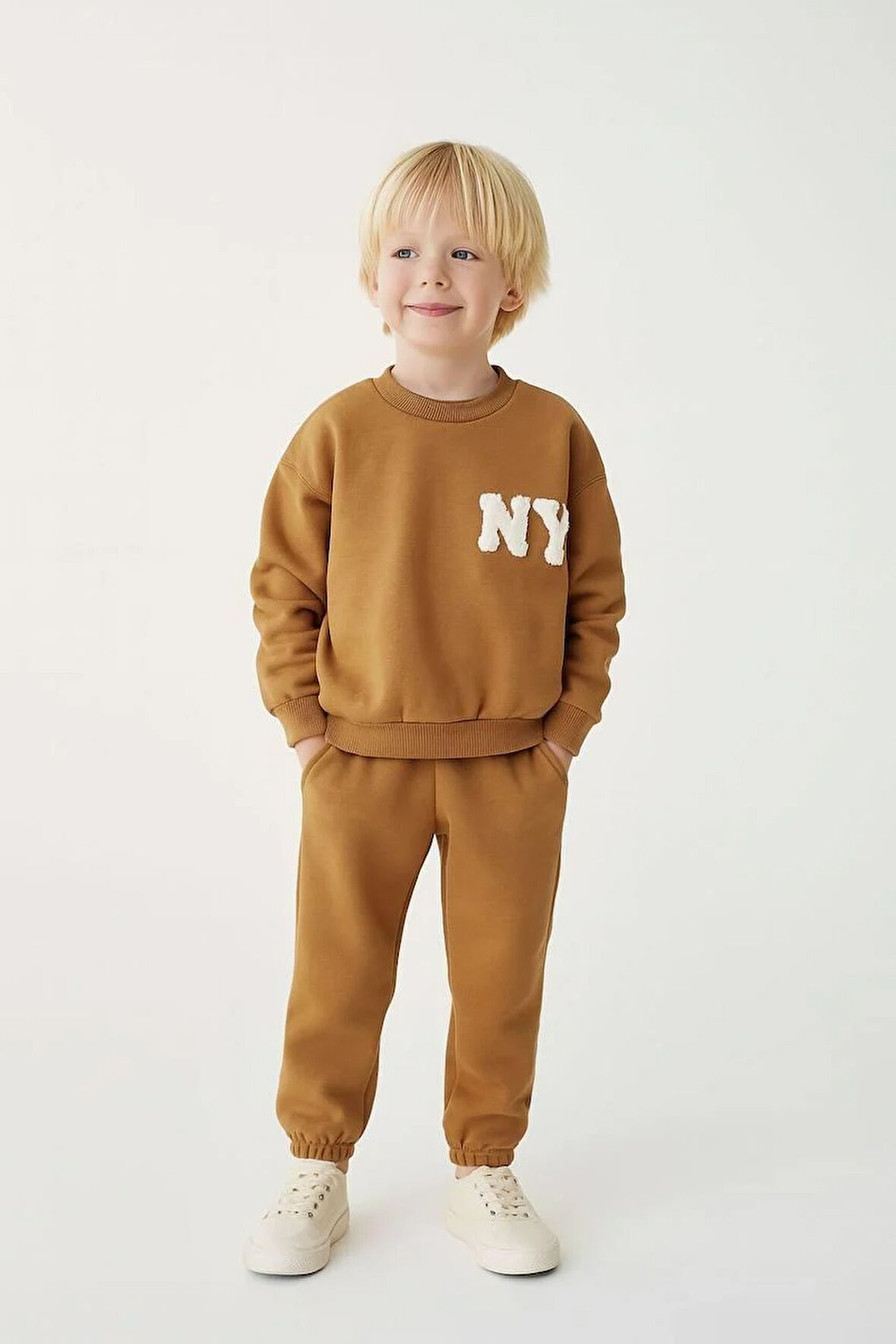 Unisex Çocuk Pamuklu Hardal "NY" Nakışlı Sweatshirt Eşofman Alt-Üst Takım - Rahat Kalıp