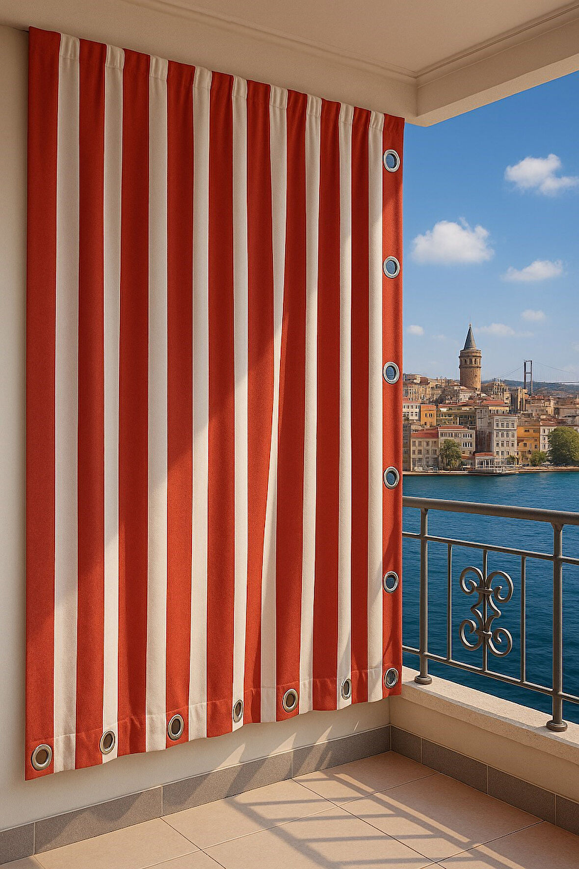 CEYLAN Home Balkon Perdesi Kuş Gözü Ölçü Seçenekli Kırmızı Beyaz Çizgili