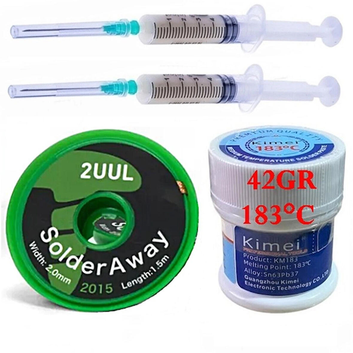 Kimei Sıvı Lehim Solder Paste 42 gr Kimei 183C Uyumlu 2UUL Lehim Emme Temizleme Teli 2015/ 2,0 mm 1,5 METRE