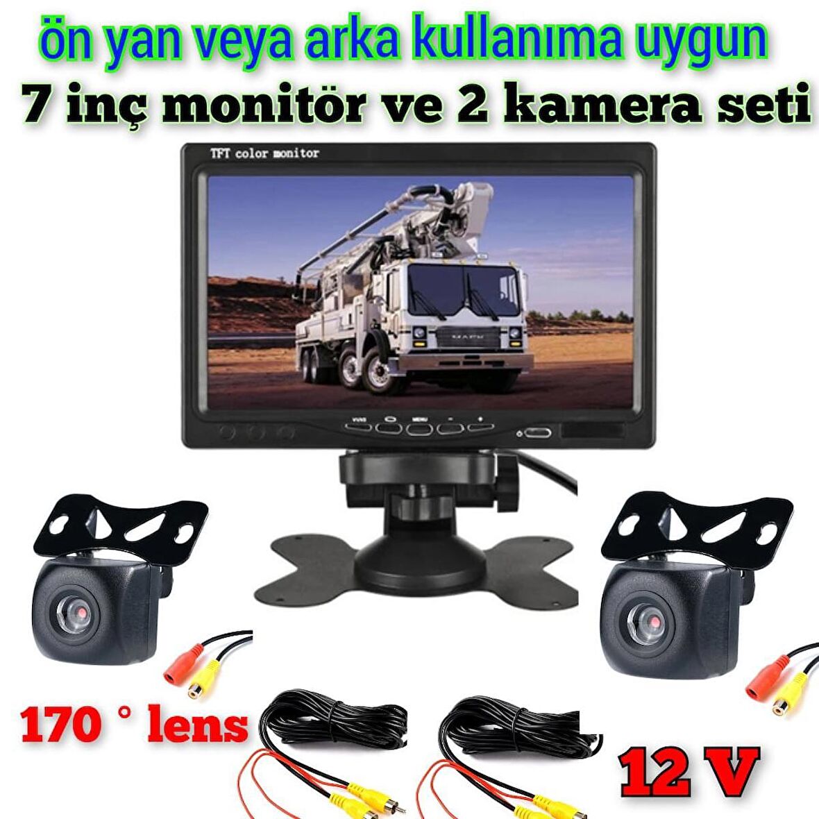 7 İnç Monitör Ve 2 Adet 170 '' Geniş Açılı balık gözü lens Araç Kamera Seti 12 Volt KAYIT YAPMAZ