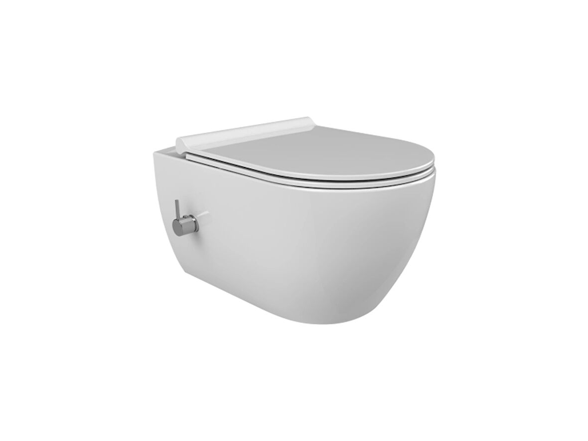 TURKUAZ KLOZET SETİ 1. City Rimless Entegre Ara Musluklu Asma Klozet 2. HEM SICAK / HEM SOĞUK SU BAĞLANTILI 3. Bella Slim Yavaş Kapanan Bas-Çıkar Kapak  Duroplast (UF)