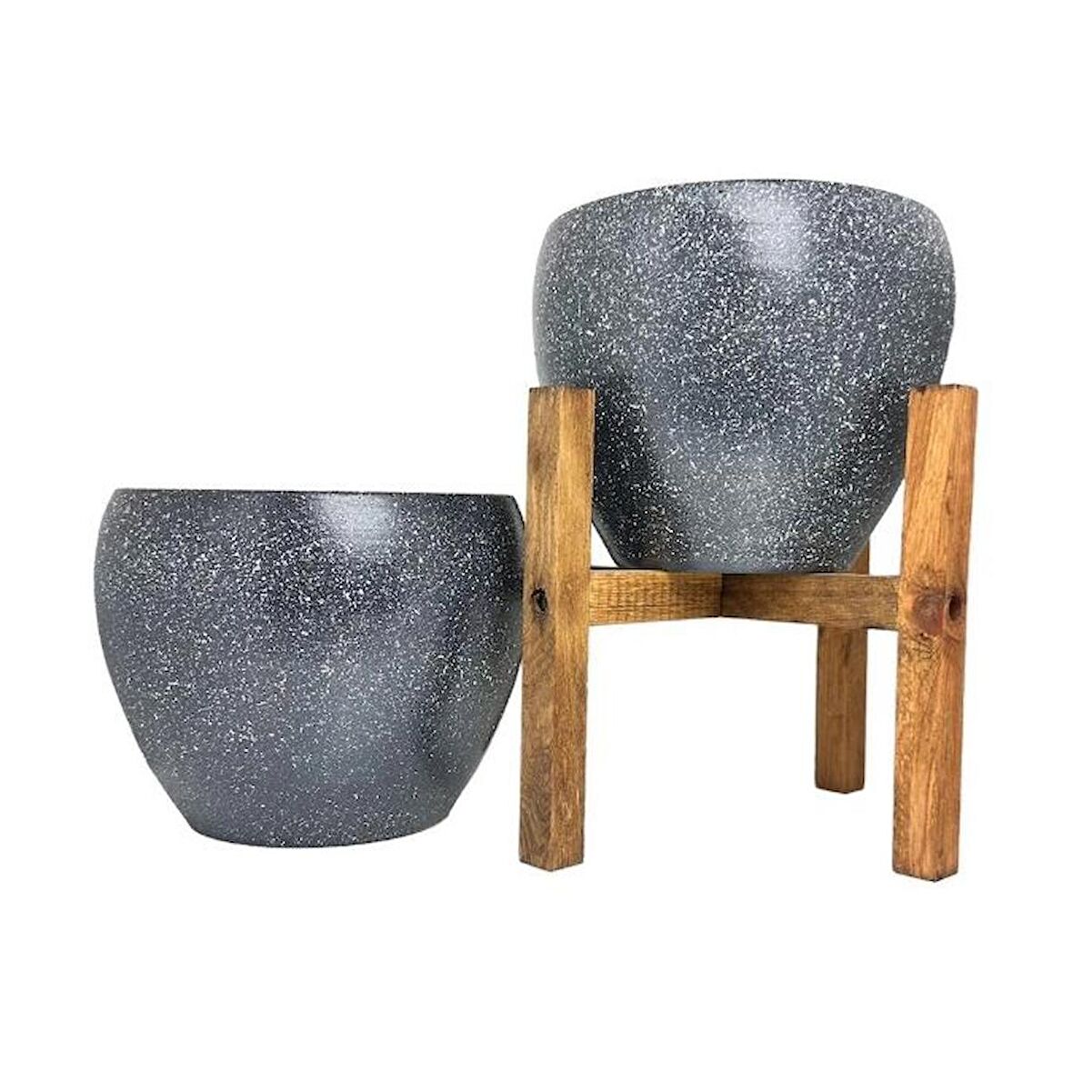 Ev Dekorasyon Gri Granit Toprak Saksı Saksılık Salon Çiçeklik İkili Set Ayaksız - 4 Ayaklı- 15 CM