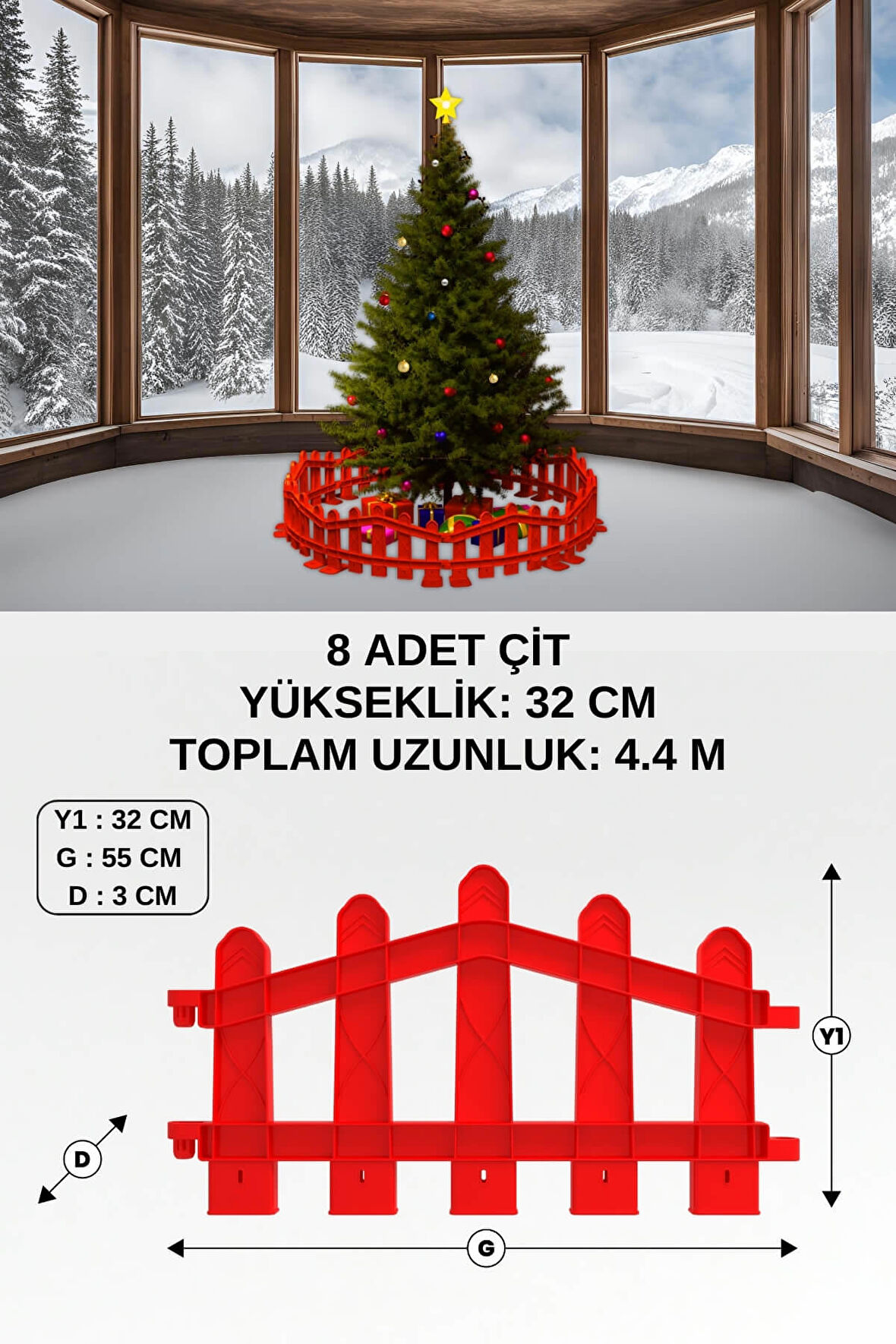 Plastik Yılbaşı Ağacı Çiti (Y: 32 CM G: 55 CM) 8 Adet Sert Zemin Ayaklı - Kırmızı