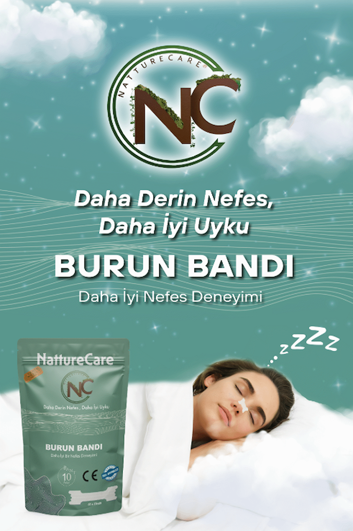 NattureCare Yeni Nesil Nefes Almaya Yardımcı Ve Horlamayı Azaltan Burun Bandı 10'Lu 66*19  SEFFAF