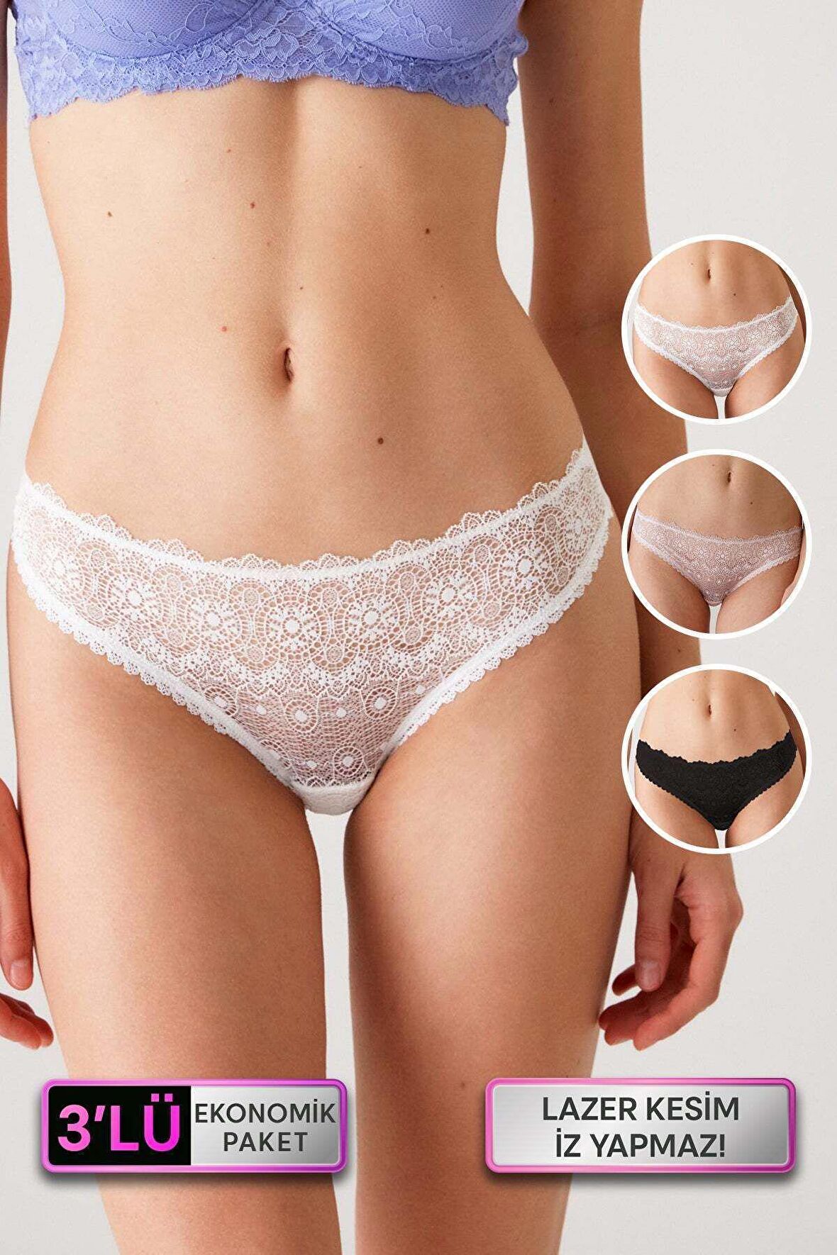 Kadın 3'lü Ekonomik Paket Ekru-pudra-siyah 2841 Dantelli Lazer Kesim Külot (AĞ KISMI PAMUKLU)