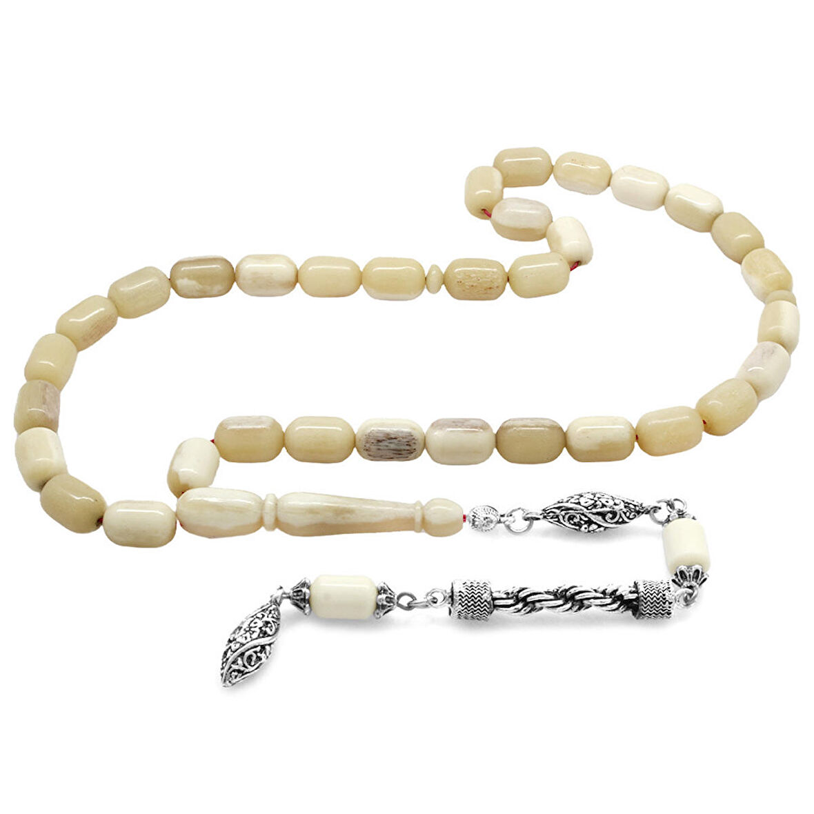 Kararmaz Metal Gümüş Halat Püsküllü Kapsül Kesim Naturel Renk Deve Kemiği Tesbih