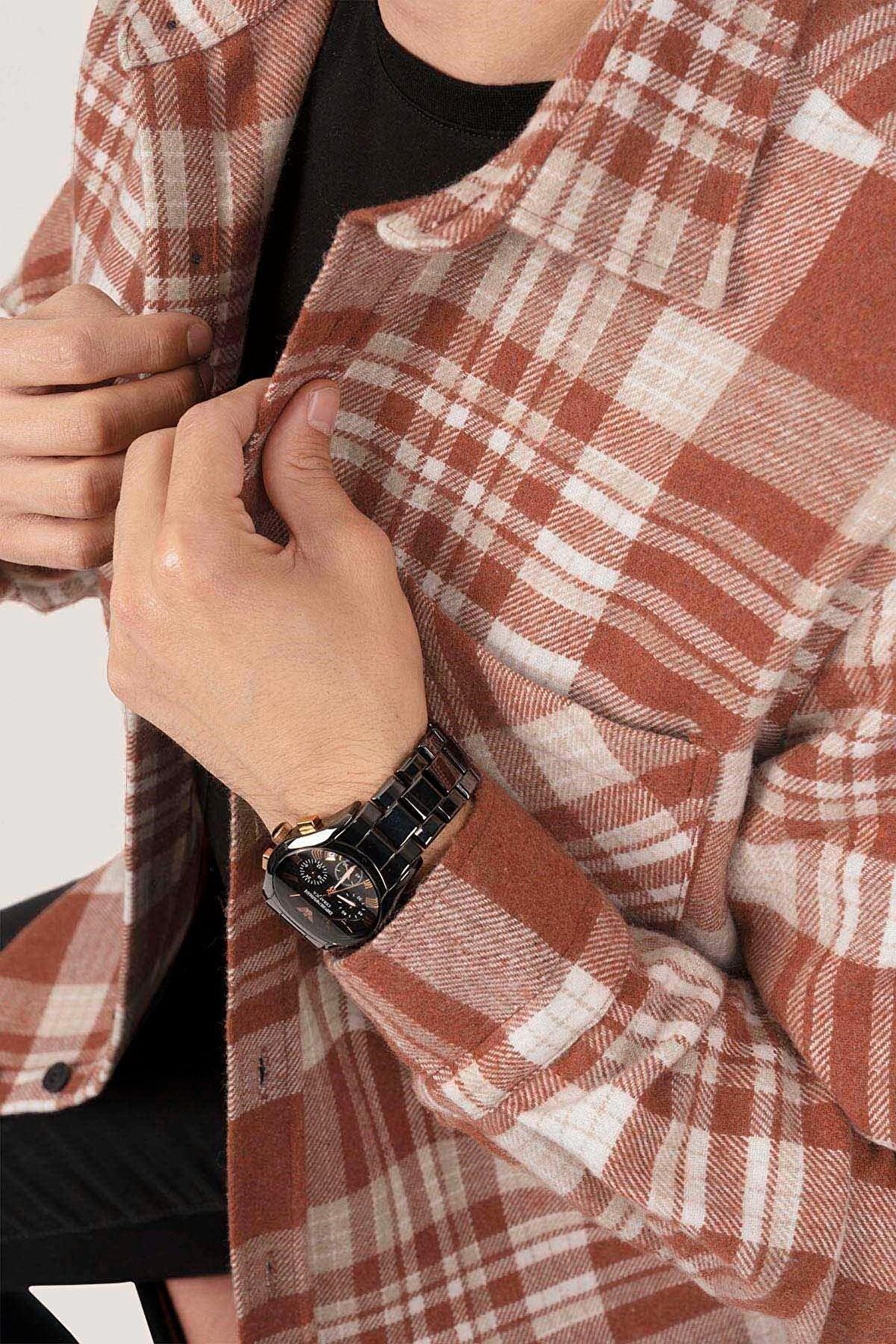 Açık Kiremit Beyaz Çizgili Oversize Kalın Oduncu Gömlek