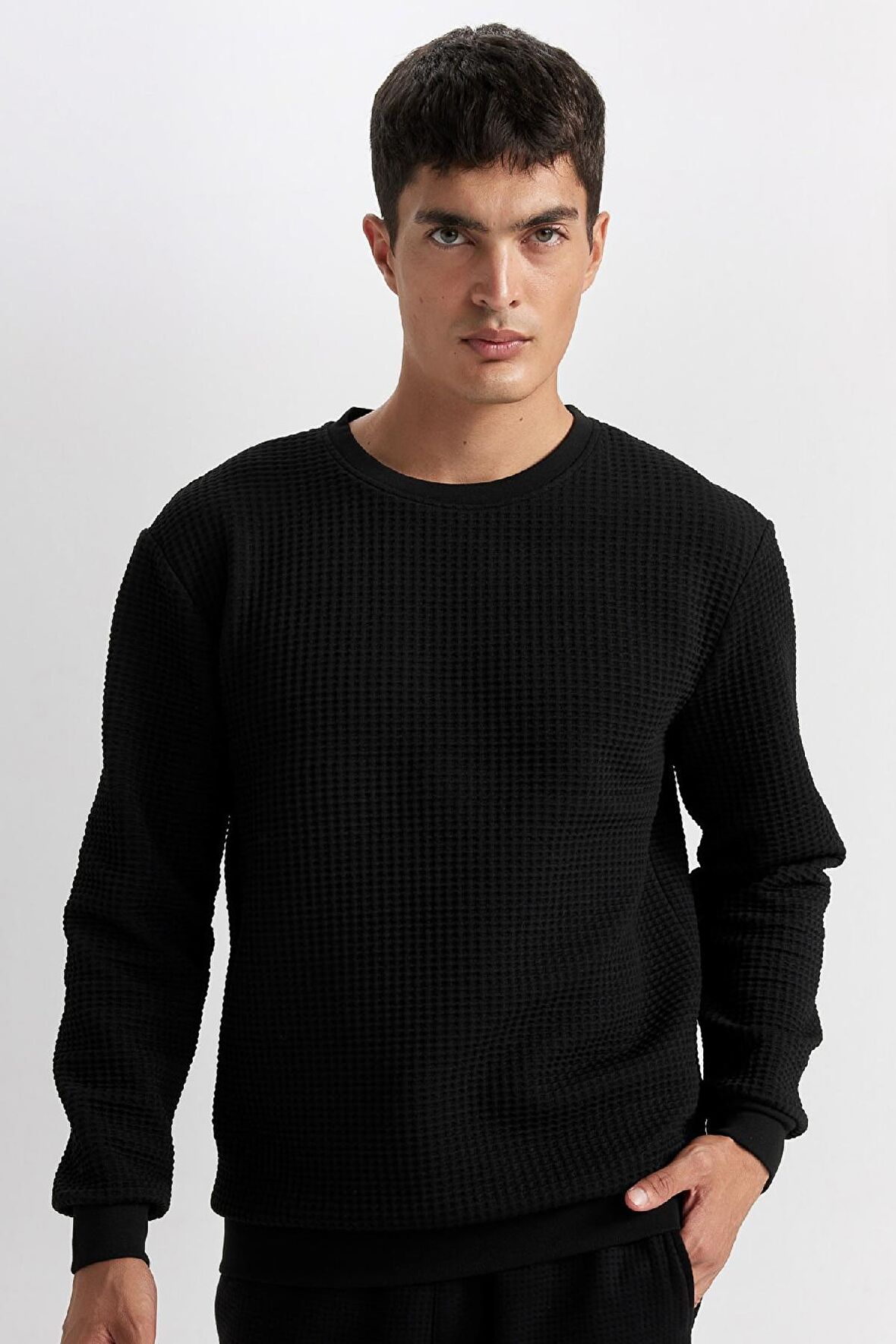 DeFacto Siyah Regular Fit Bisiklet Yaka Jakarlı Sweatshirt D5392AX24AUBK27