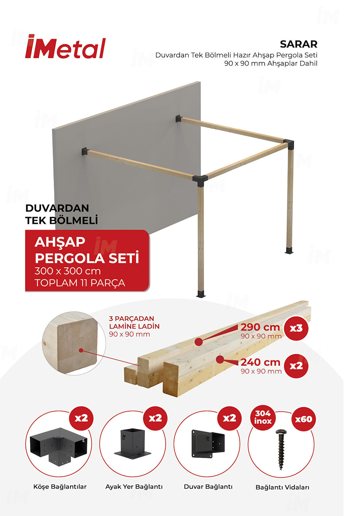 İmetal Sarar Duvardan Tek Bölümlü Hazır Ahşap Pergola Seti 90x90  mm Ahşaplar Dahil