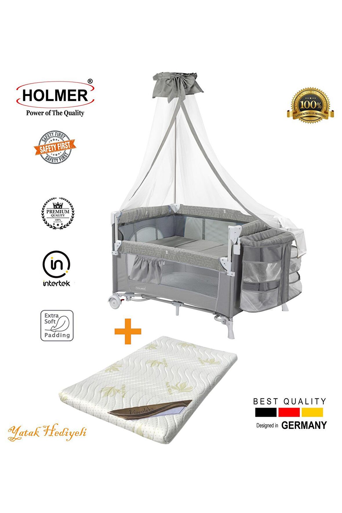  Holmer Coolstyle Anne Yanı Cibinlikli Oyun Parkı/Park Yatak 70x110cm + Aloevera Yatak