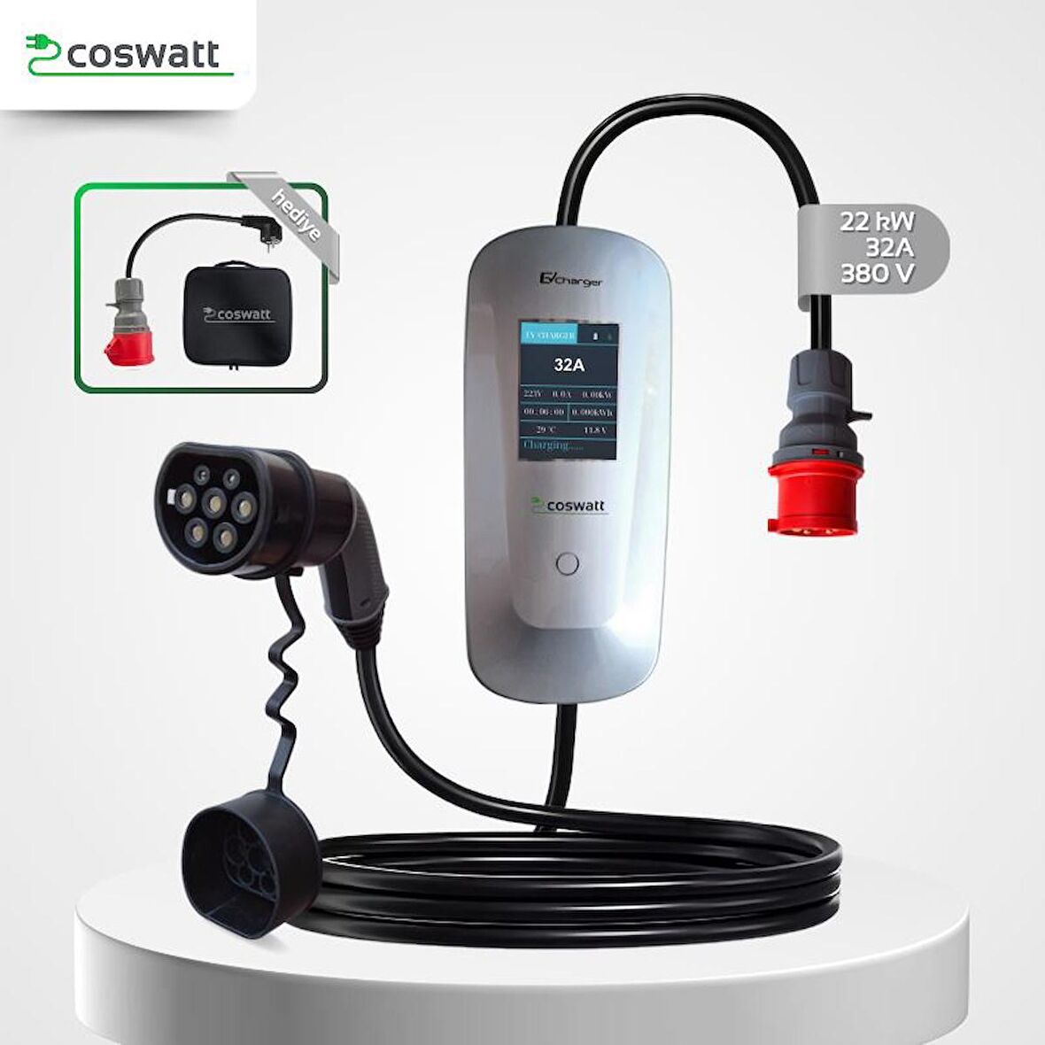 Coswatt Elektrikli Araba Taşınabilir Şarj Cihazı 22 kW / 32A / Tip-2 / 5x32A Fiş / Trifaze / 5m / Çantalı / Ev Tipi Dönüştürücü Kablolu