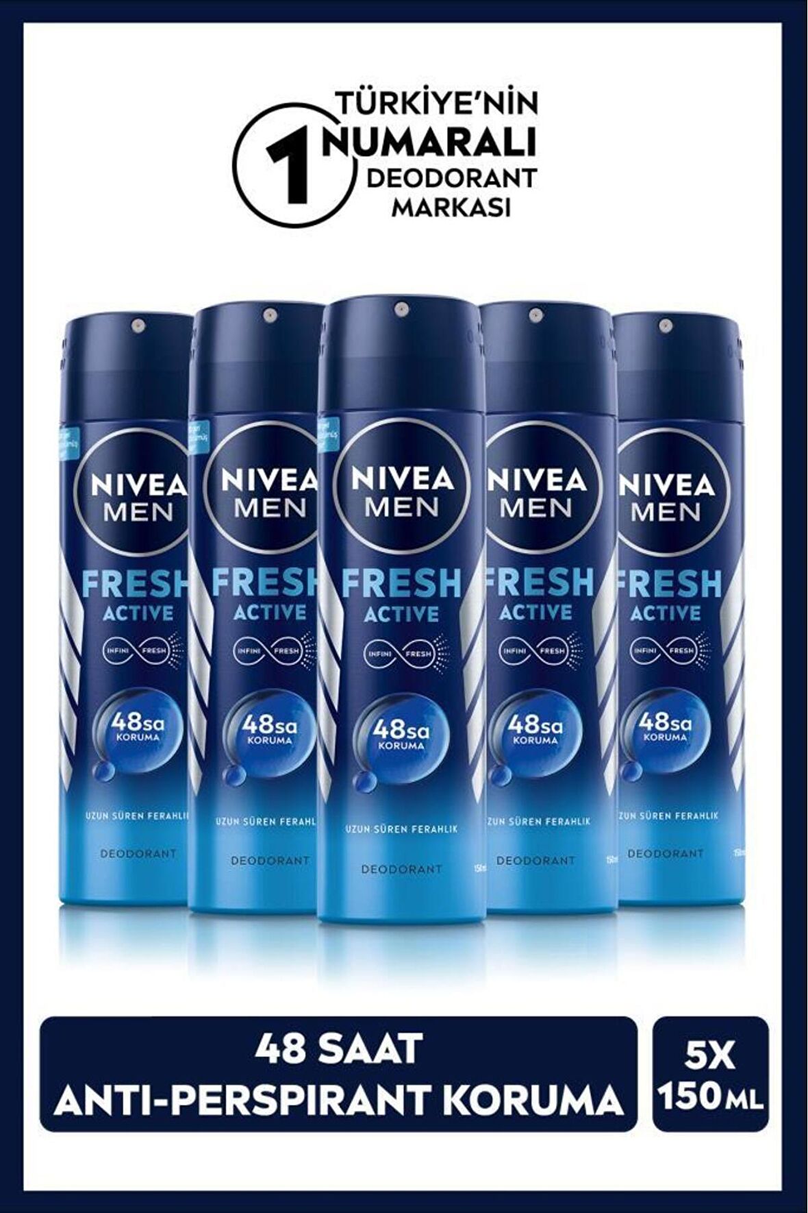 Nivea Men Erkek Sprey Deodorant Fresh Active 150 Mlx5adet,48 Saat Deodorant Koruması