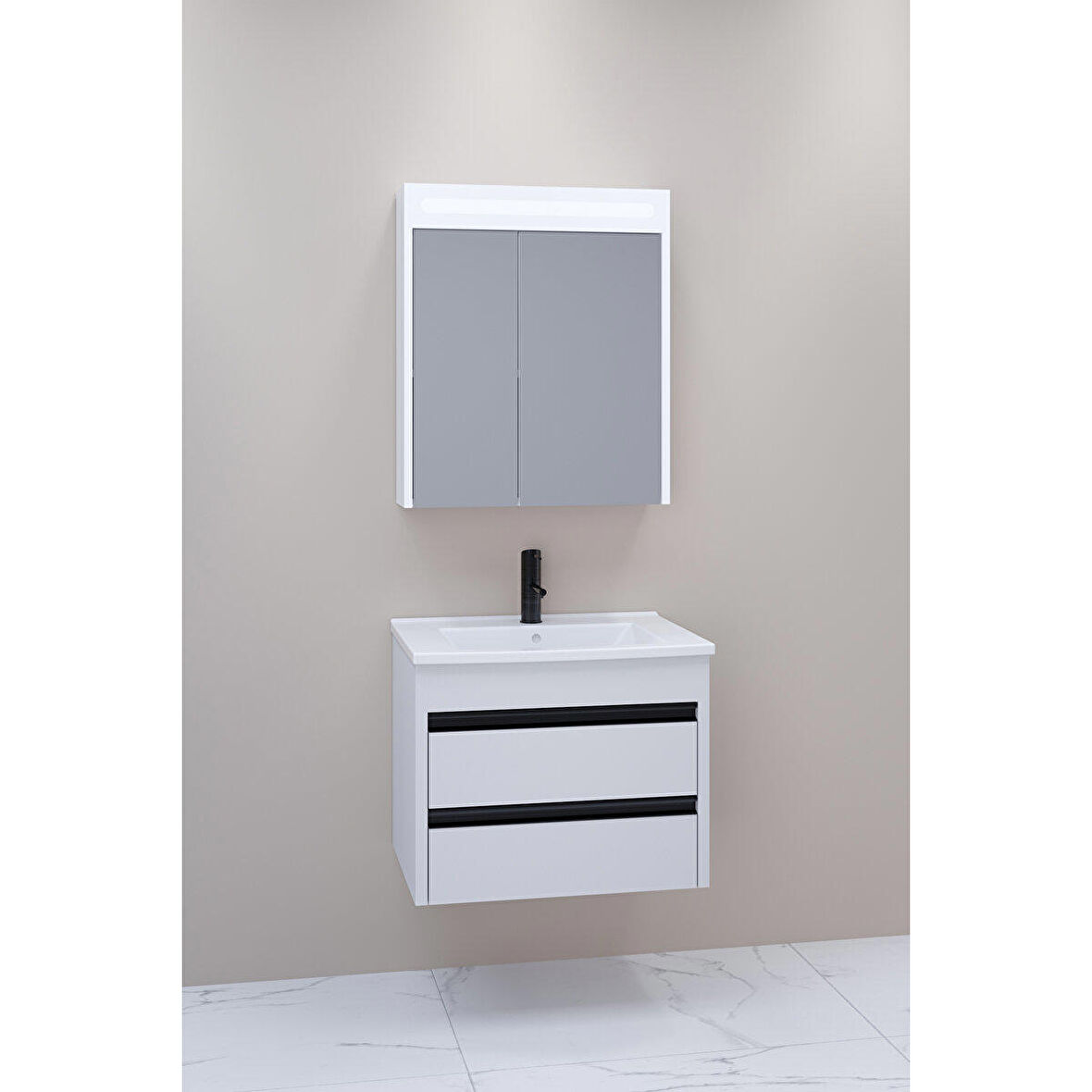 Levante 65 Cm Beyaz Lavabolu Banyo Dolabı Npl Aynalı - Boy Dolap Hariç