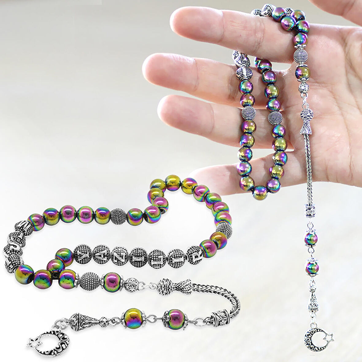 Kararmaz Metal Püsküllü Küre Kesim İsim Yazılı  Multicolor Hematit Doğaltaş Tesbih