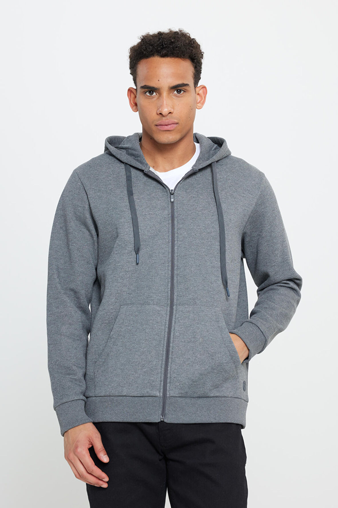 Erkek Antrasit-melanj Standart Fit Normal Kesim Kapüşonlu Fermuarlı Sweatshirt Ceket