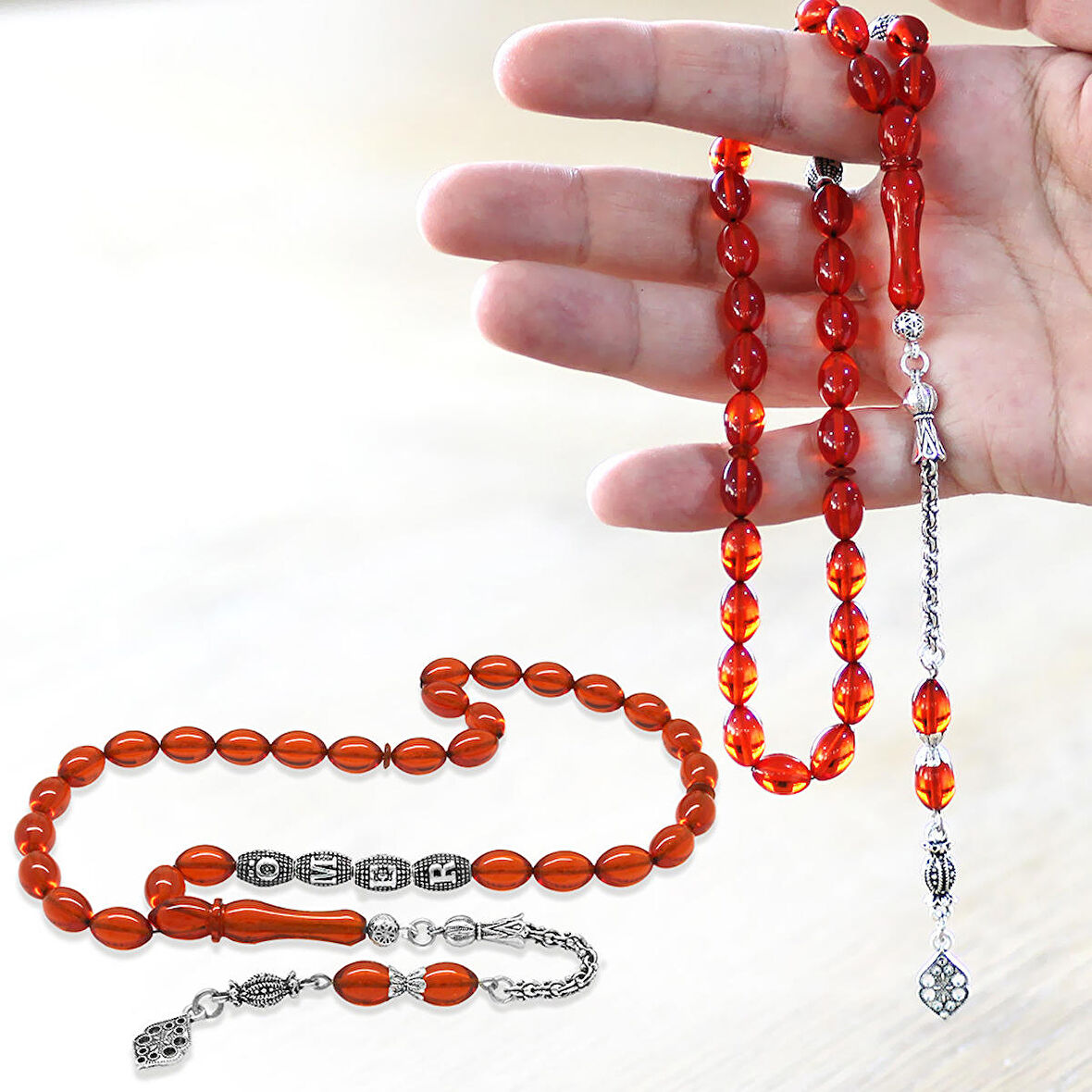 925 Ayar Gümüş Püsküllü Arpa Kesim Amber Kırmızı Ateş Kehribar Tesbih