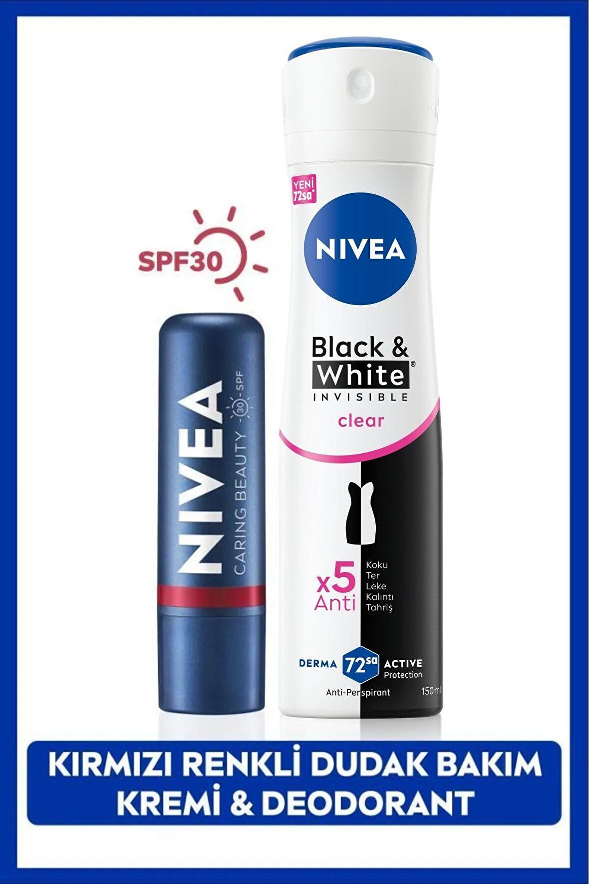Nivea Kadın Sprey Deodorant Black&White Invisible Clear150ml,Kırmızı Renkli Nemlendirici Dudak Bakım Kremi