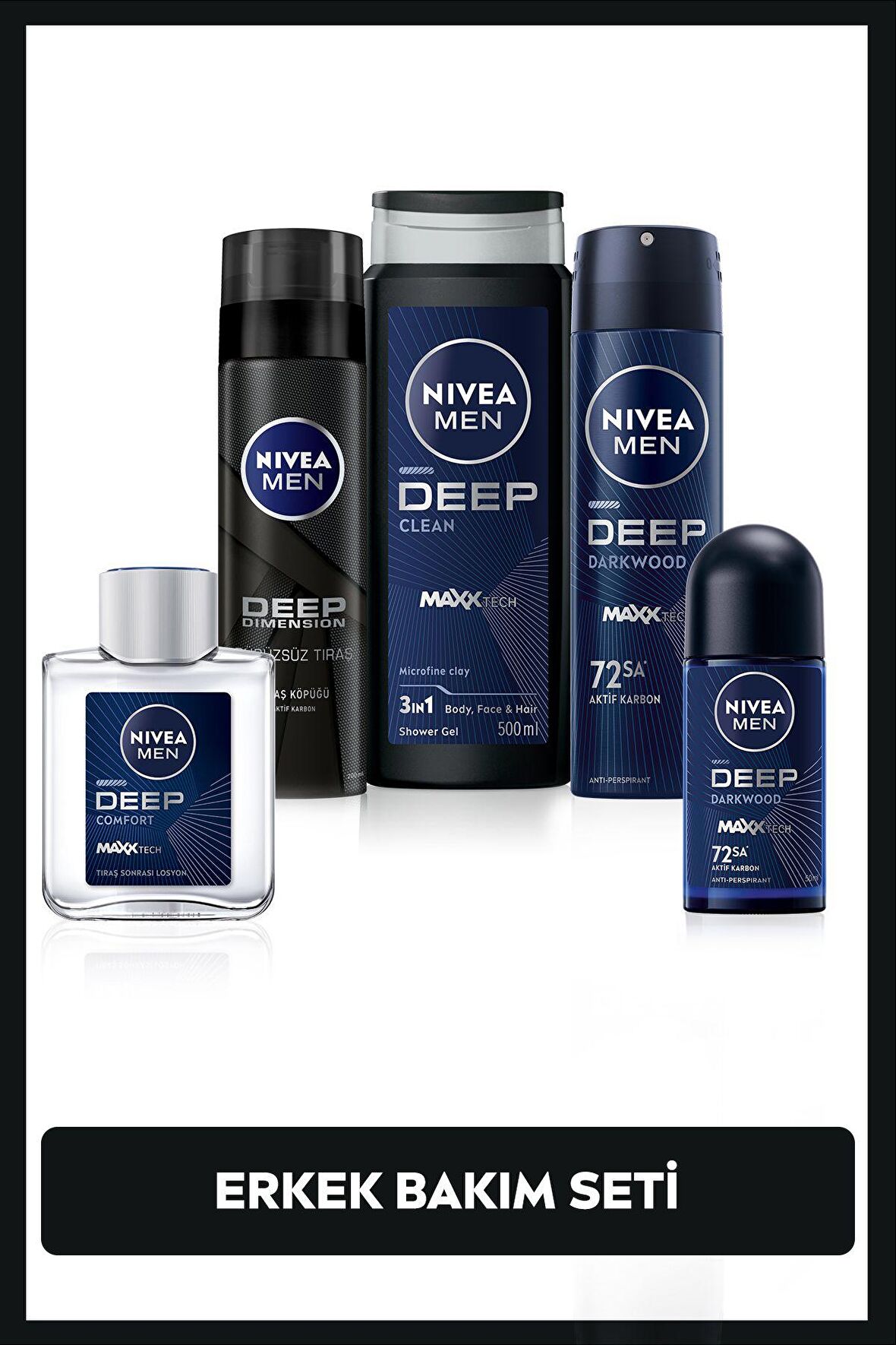 Nivea MEN Erkek Sprey Deodorant 150ml, Duş Jeli500ml, Tıraş Losyonu 200ml, Roll-on150ml, Tıraş Köpüğü200ml