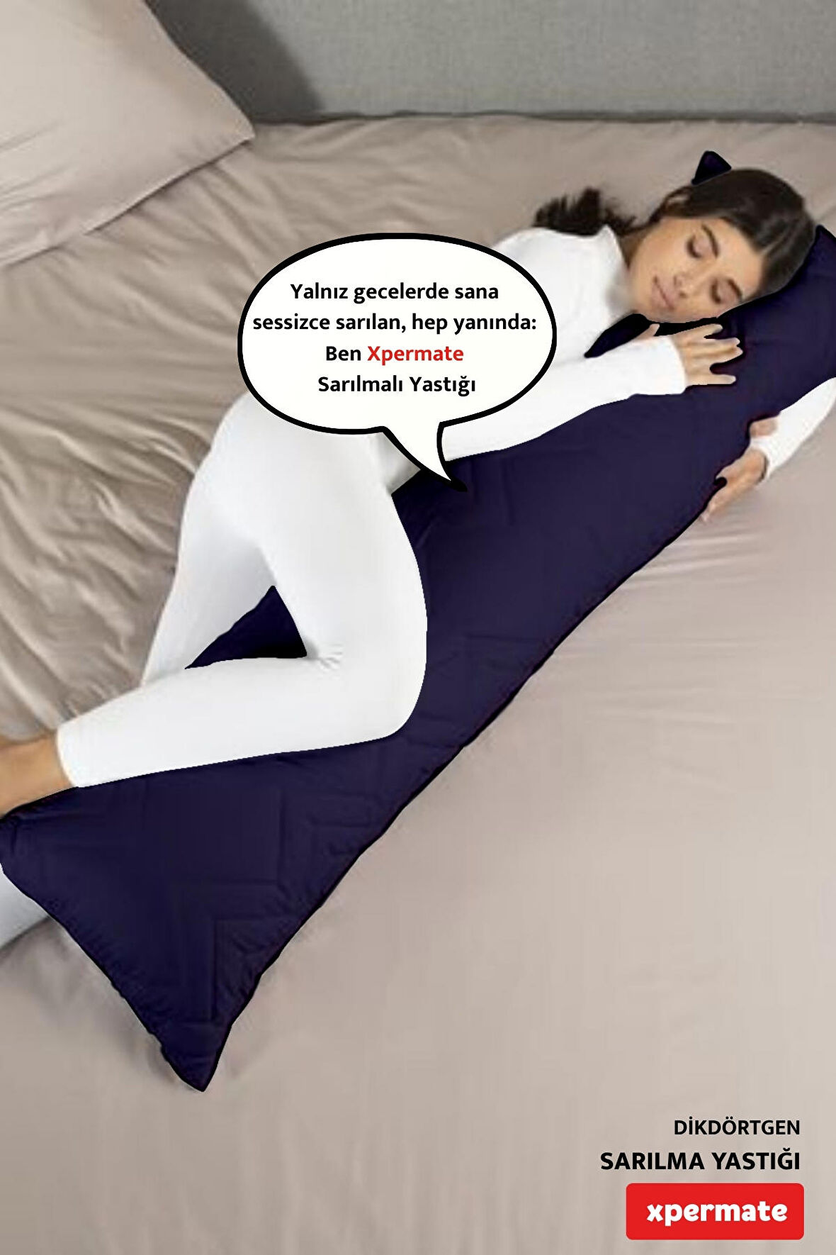 XPERMATE Sarılma Yastığı , Uyku Yastığı , Bacak Arası Yastığı Dikdörtgen 150x25 cm KoyuLacivert