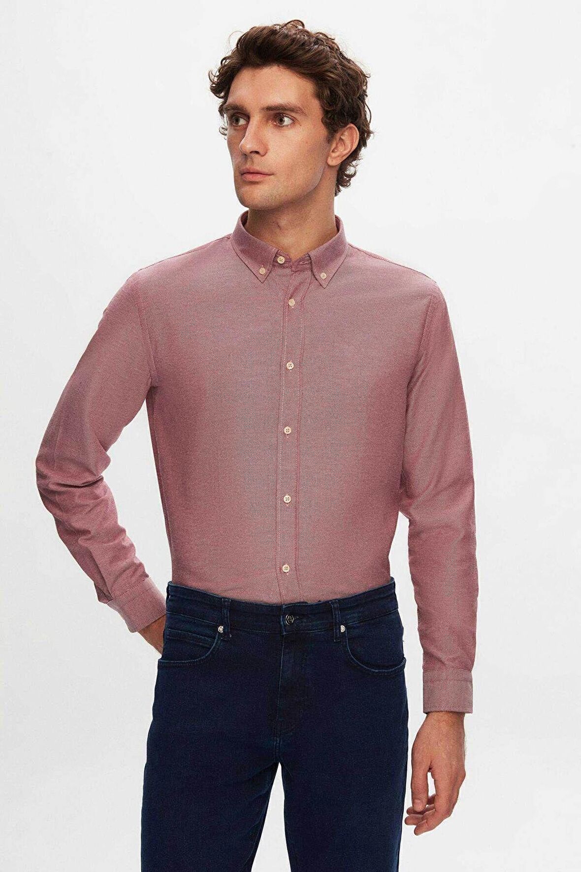 Slim Fit Bordo Armürlü Düğmeli Yaka Pamuklu Gömlek 5HC02ORT07265
